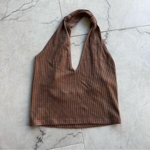 REFORMATION NWOT Brown Ribbed Halter Knotted Strap Crop Tank Top M